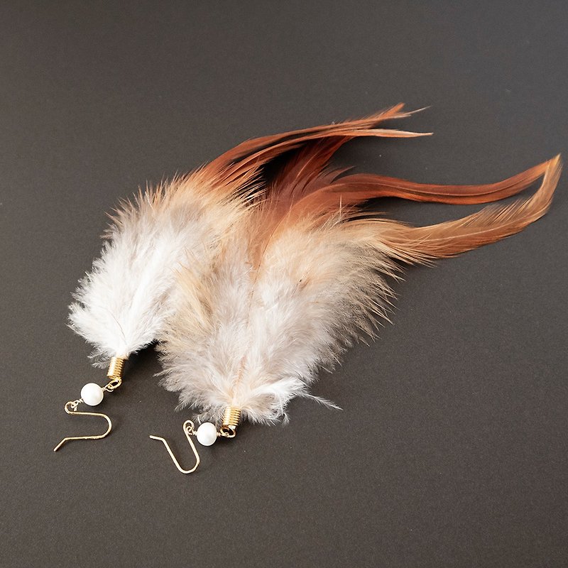 珍珠和羽毛耳环 - 耳环/耳夹 - 珍珠 白色