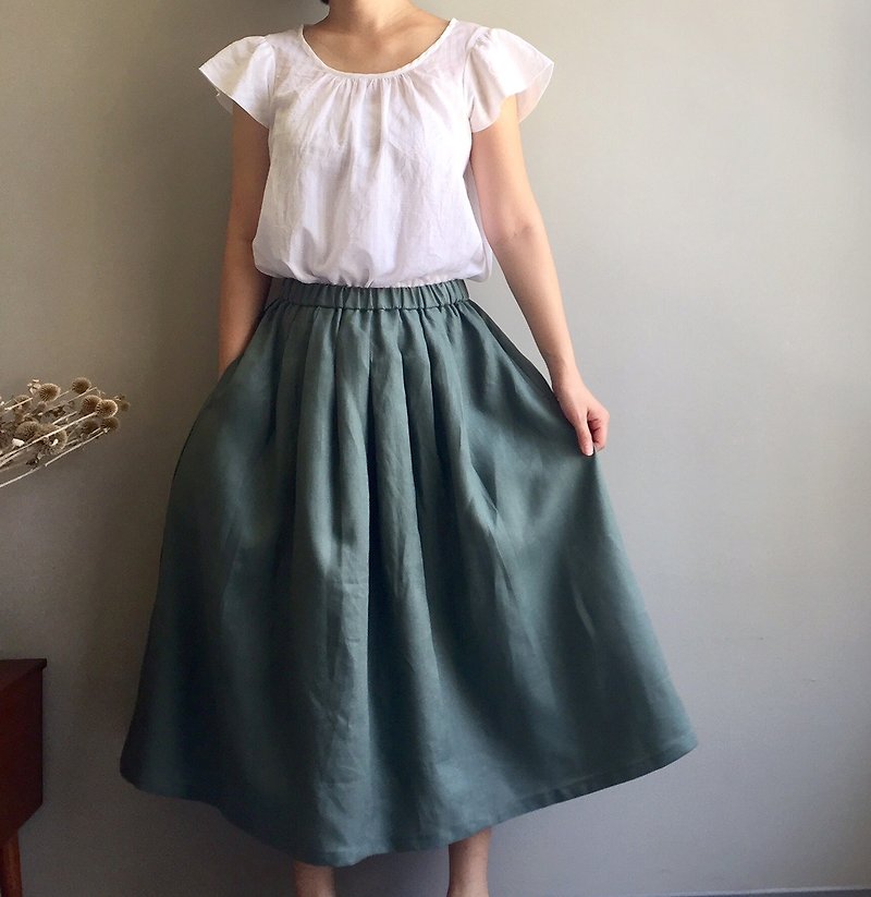 八月/低调优雅 经典款  灰绿色亚麻折子长裙 100% - 裙子 - 棉．麻 