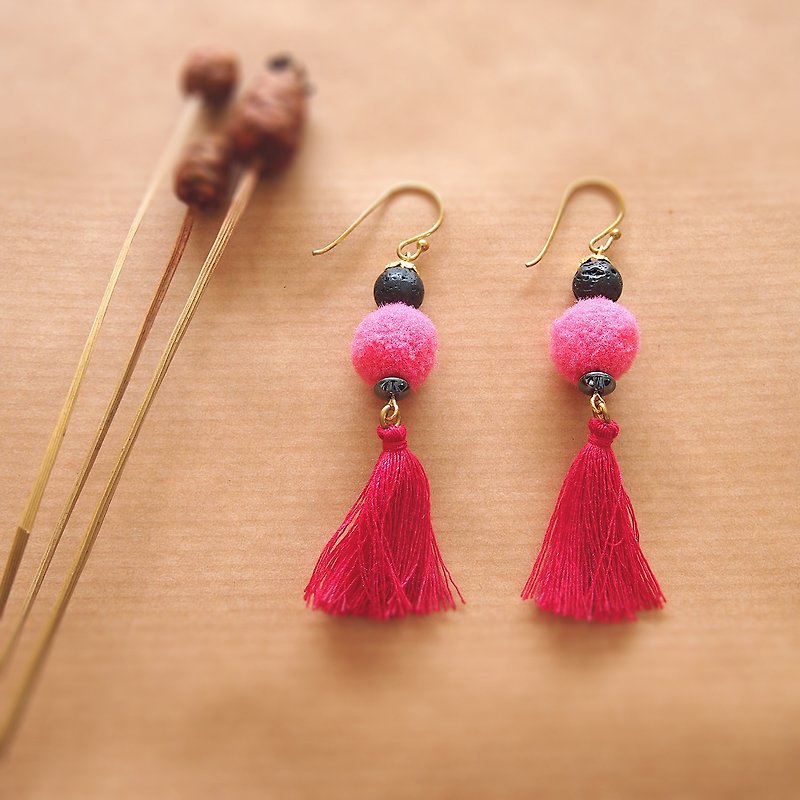 Lava stone with pink fur ball and tassel brass hook earrings - 耳环/耳夹 - 石头 粉红色
