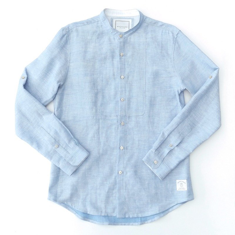 日本亚麻面料平领水蓝色卷袖衬衫 - 男装衬衫 - 棉．麻 蓝色
