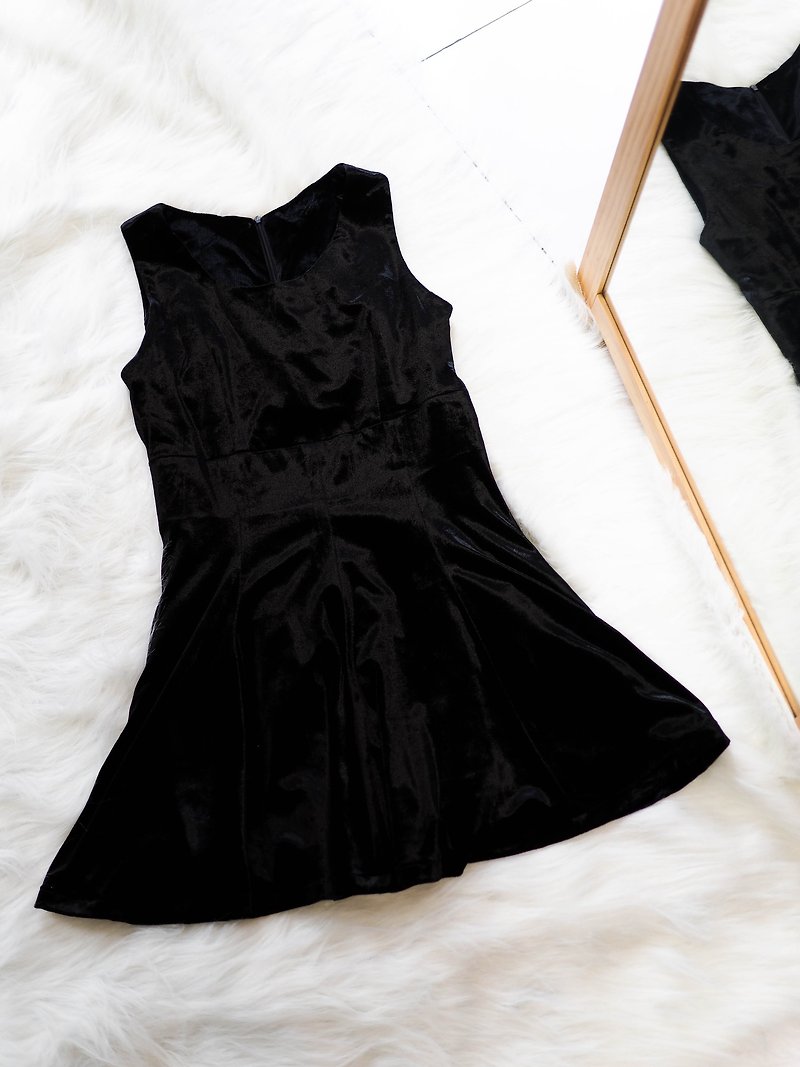 长野墨黑闪绒周末欢乐派对 古董连身金丝绒洋装 dress - 洋装/连衣裙 - 聚酯纤维 黑色