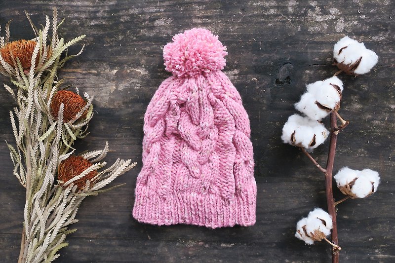 阿母100%的手作帽-麻花编织毛球帽-粉色喷点/圣诞节/交换礼物 - 侧背包/斜挎包 - 羊毛 粉红色