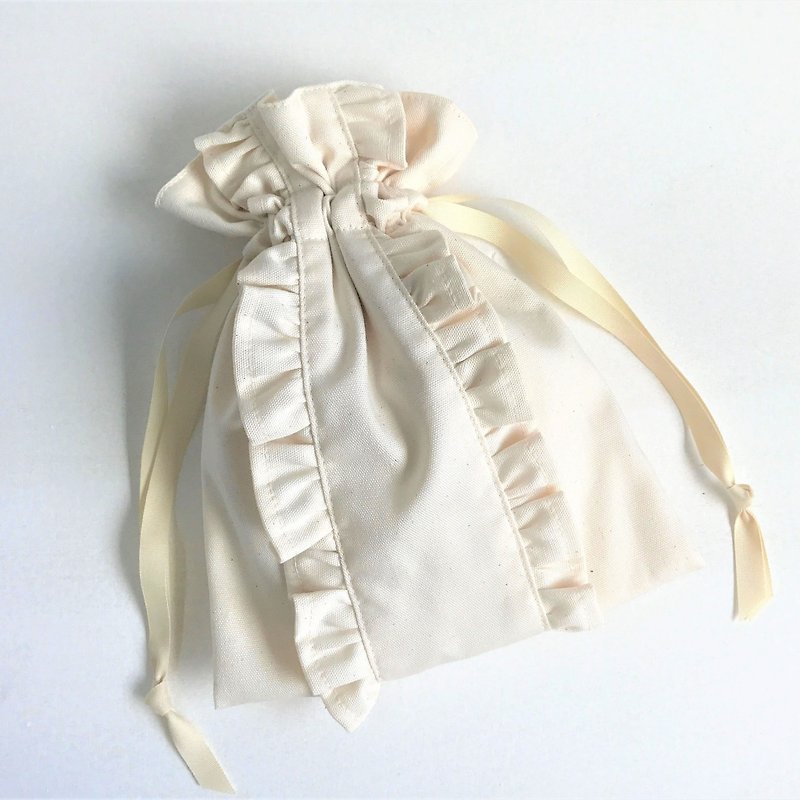 ストレートライン ダブルフリル巾着ポーチ 生成り - 化妆包/杂物包 - 棉．麻 白色
