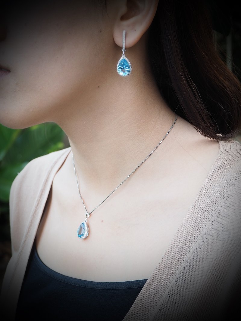 Elegant Swiss blue pear-shape crystal pendant with silver chain - 项链 - 纯银 蓝色