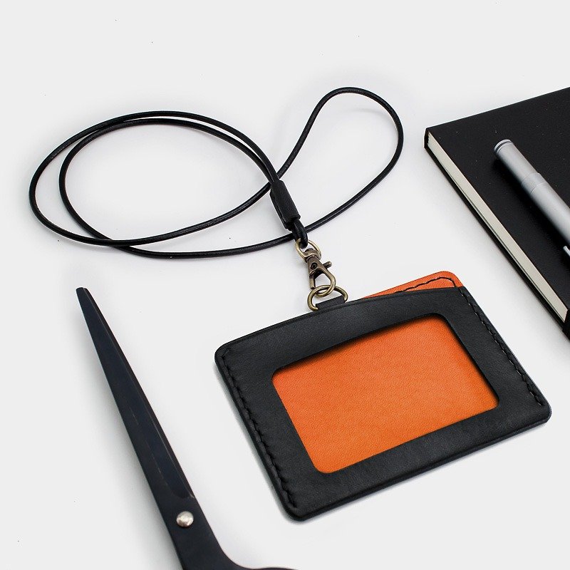 RENEW - 横式证件套、卡套 黑+橙 植鞣革 手作 手缝 - 证件套/卡套 - 真皮 橘色