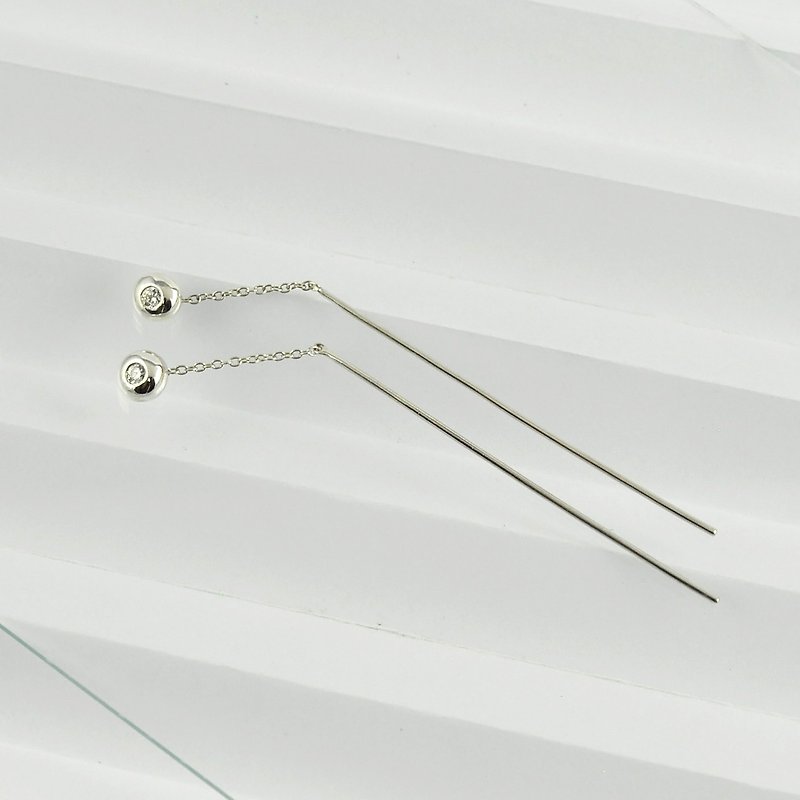 单钻穿线耳环 925纯银 CZ钻石 耳线 - 耳环/耳夹 - 纯银 银色