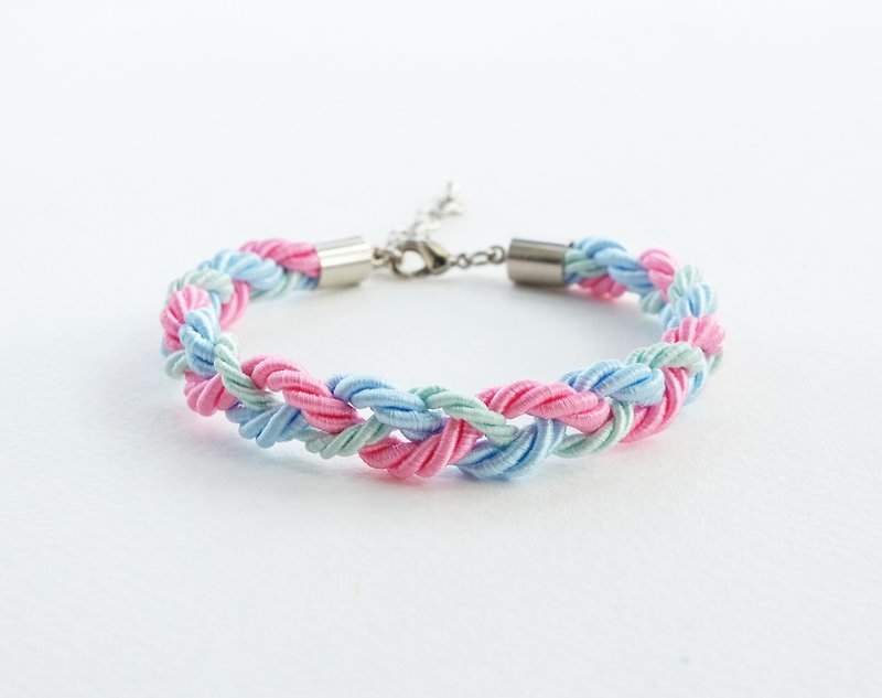 Mint/Blu/Pink braided bracelet - 手链/手环 - 其他材质 多色
