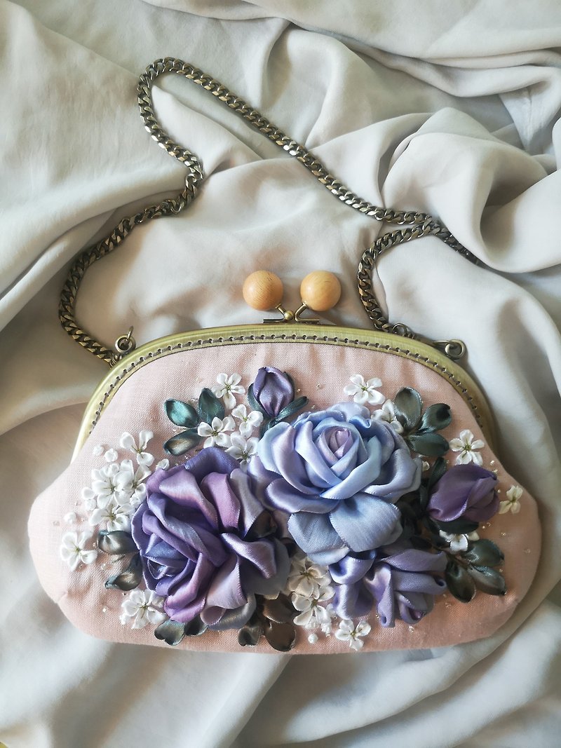 Bag, clutch, embroidered rose ribbon - 手拿包 - 绣线 粉红色