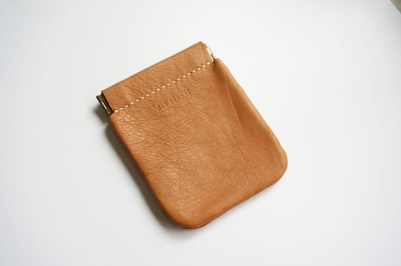 棕色 弹簧口金小手袋 零钱包 卡夹 收纳包 - 皮夹/钱包 - 真皮 咖啡色