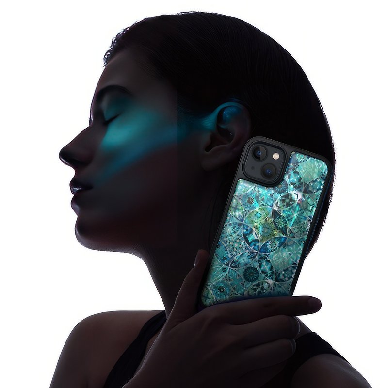 天然贝壳 iPhone 15 耐冲击保护套 花窗玻璃风格 可定制名字 008 - 手机壳/手机套 - 贝壳 蓝色