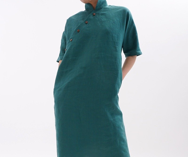 ベルギーリネン Ao daiショールカラー　ドルマンスリーブワンピース/エンパイアグリーン a47-3 - 洋装/连衣裙 - 棉．麻 绿色