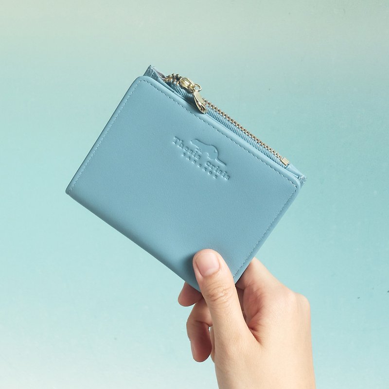 SOLD OUT-(LIMITED) PEONY - SMALL LEATHER SHORT WALLET WITH COIN PURSE- PALE BLUE - 皮夹/钱包 - 真皮 蓝色