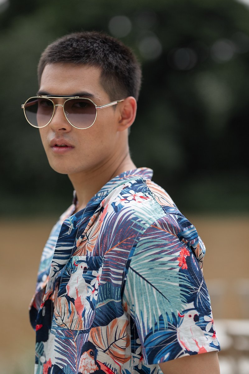 JUN Tropical Printed Banded Collar Short Sleeve Shirt - 男装衬衫 - 棉．麻 多色