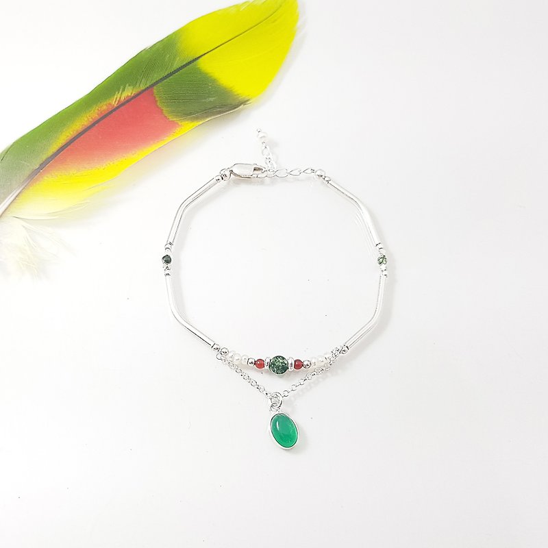 【ColorDay】鸟语 绿玛瑙纯银手环/ Green Agate / グリーンメノウ - 手链/手环 - 宝石 绿色