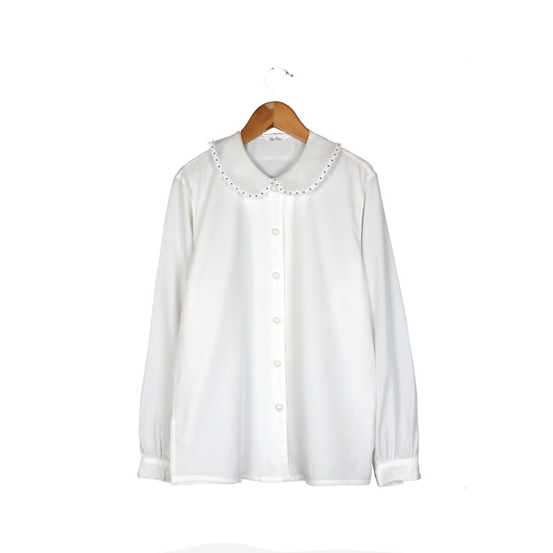 【蛋植物古着】蕾丝圆领纯白古着衬衫WS01 - 女装衬衫 - 聚酯纤维 白色