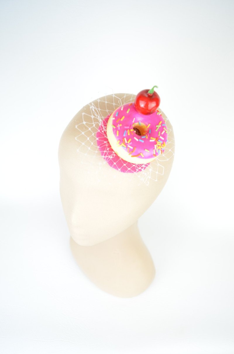 Headpiece Hair Clip Doughnut in Bright Pink with Cherry and Veil Birthday Hat - 发饰 - 其他材质 粉红色
