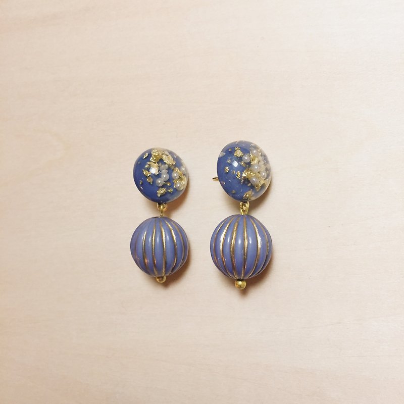 复古蓝金箔珍珠丸子南瓜耳环 - 耳环/耳夹 - 树脂 蓝色
