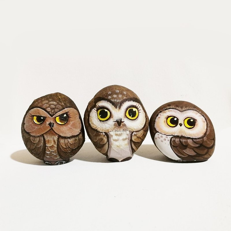 Owls Gang stone painting original art. - 玩偶/公仔 - 石头 咖啡色