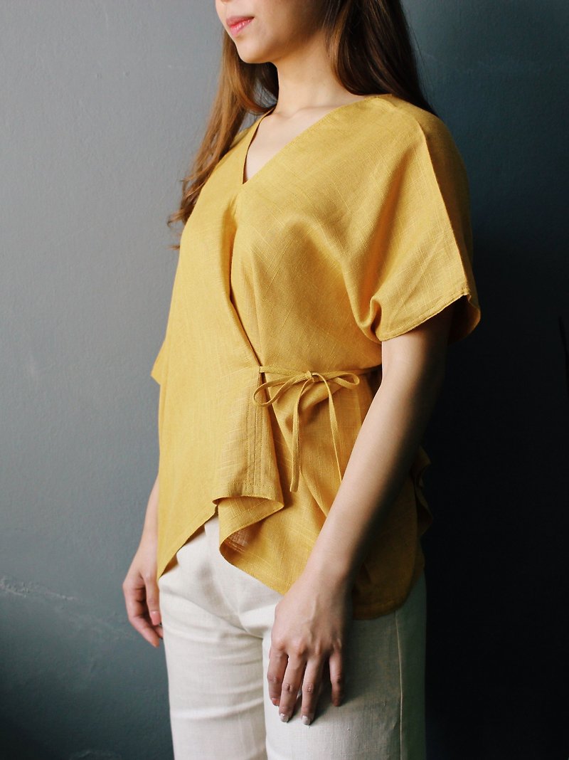 Caren : Yellow Asymmetric V-neck Cotton Wrapped Top - 女装上衣 - 棉．麻 黄色