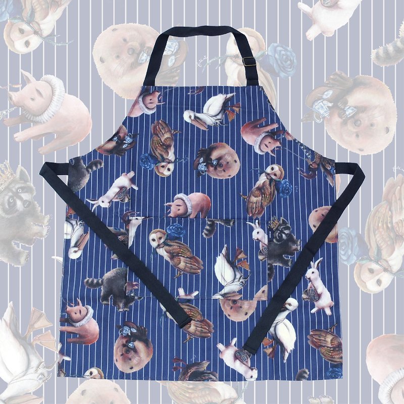Animal Tea Party apron (Dark Blue & Light Grey Stripe) - 围裙 - 其他材质 蓝色