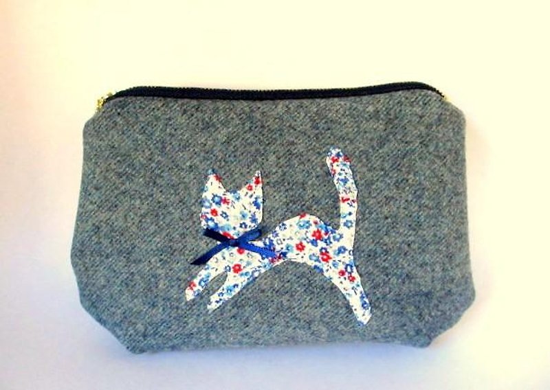 厚手ウール 猫のポーチ＊ブルーグレー - 手提包/手提袋 - 棉．麻 灰色