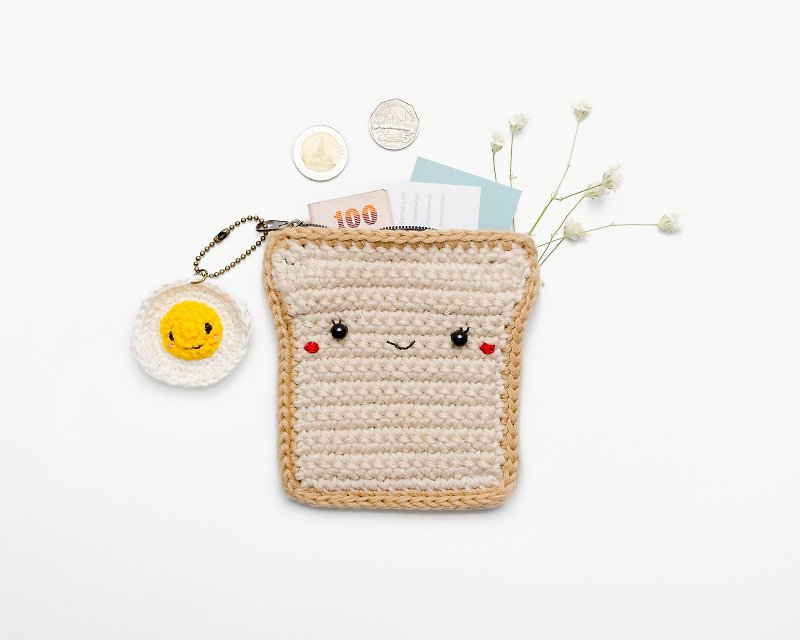 Crochet Coin Purse Bread with Fried Egg keychain/ pouches/ card holder wallet - 零钱包 - 棉．麻 咖啡色