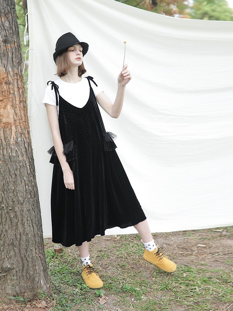 黑色金丝绒细肩连身裙 - imakokoni - 洋装/连衣裙 - 其他材质 黑色