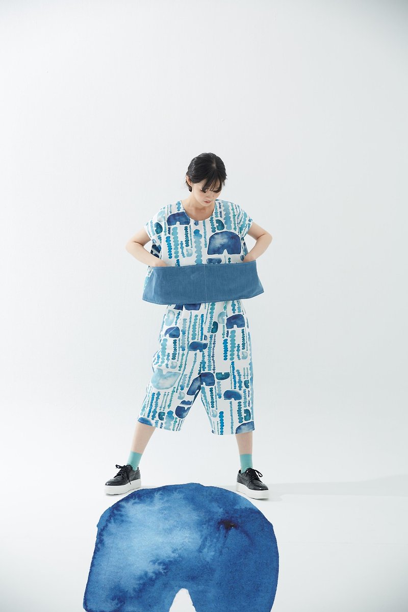 y1,hsuan X 红林 独家印花布系列  工作服式短上衣rain - 女装上衣 - 棉．麻 蓝色