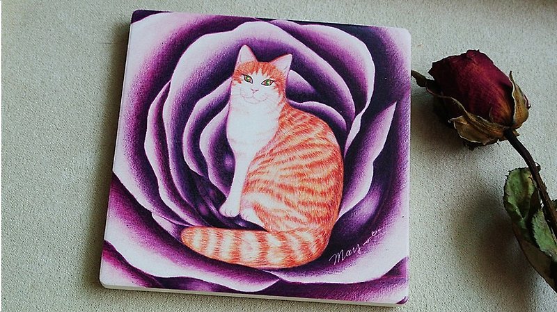 心爱的玫瑰猫陶瓷吸水杯垫+同款明信片 - 杯垫 - 陶 紫色