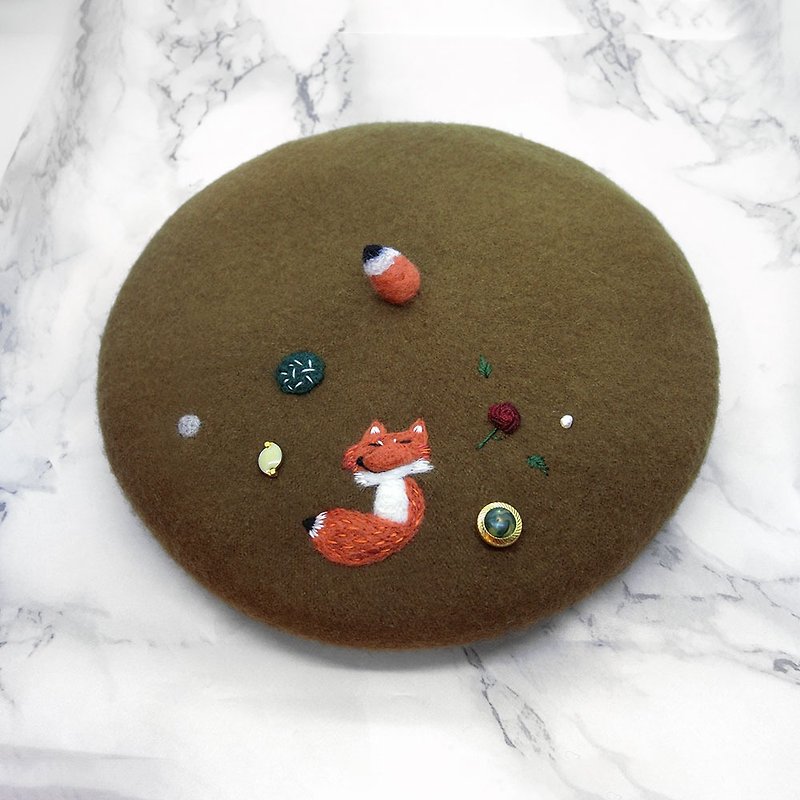 【壳艺品】100%纯羊毛毡毡贝雷帽(狐狸与玫瑰) - 帽子 - 羊毛 咖啡色