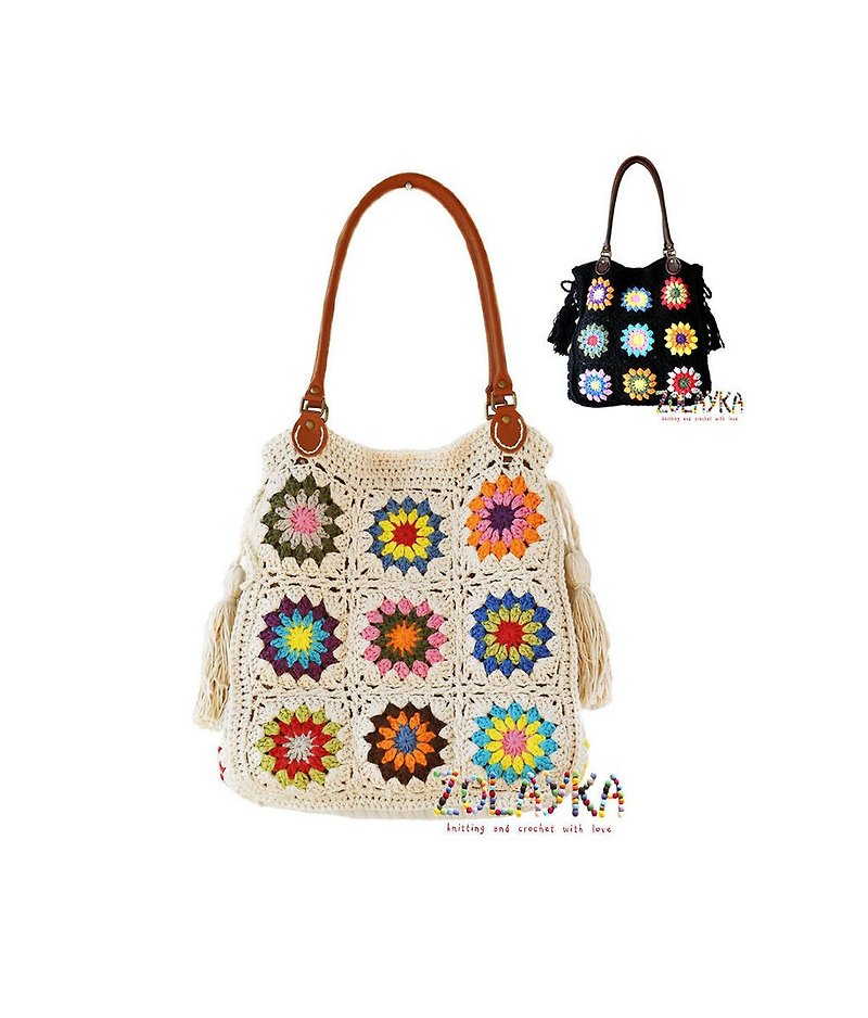 Colorful granny squares shoulder bag, cotton hippie bag with tassels and leather - 手提包/手提袋 - 棉．麻 多色