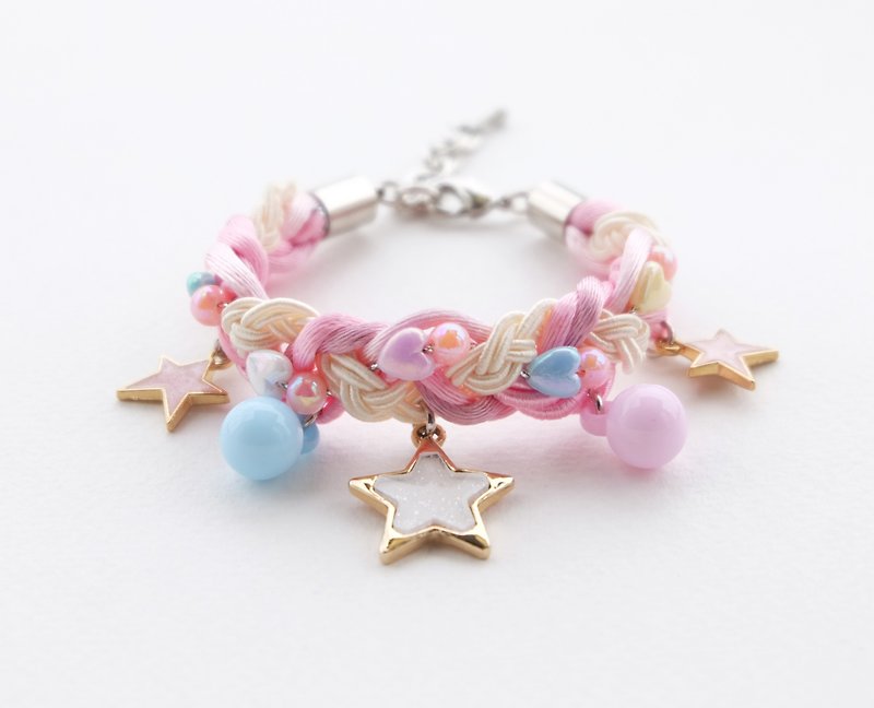 Pink blue braided bracelet with white glittering and lilac stars - 手链/手环 - 聚酯纤维 粉红色