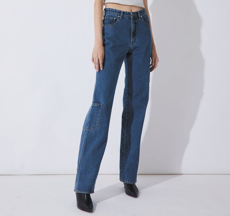 JEANS Mid-Rise Pocket Mid-Blue - 女装长裤 - 棉．麻 蓝色