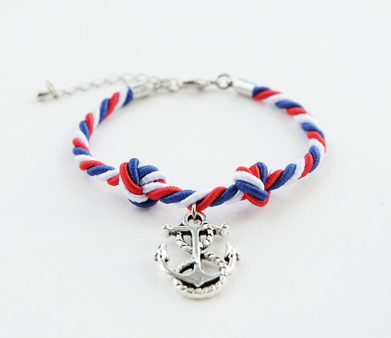 Red/white/blue knot rope bracelet with anchor charm - 手链/手环 - 纸 蓝色