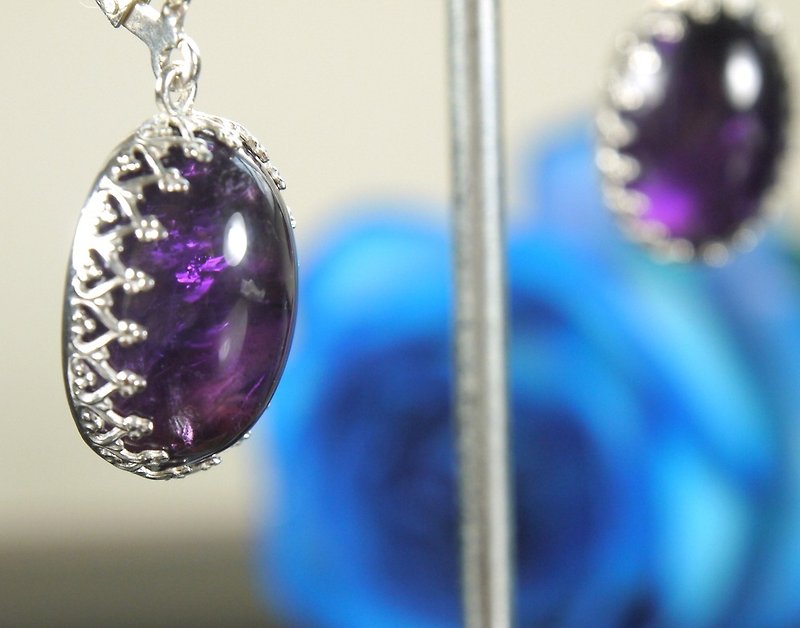 天然紫水晶 大颗 手工纯银耳环 法式耳勾 Amethyst earring - 耳环/耳夹 - 宝石 紫色