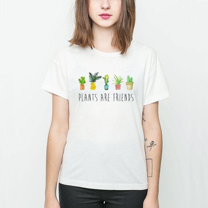 PLANTS ARE FRIENDS #2 男女短袖T恤 白色 植物是我们的朋友 多肉盆栽清新疗愈创意植栽文青艺术 - 女装 T 恤 - 棉．麻 白色