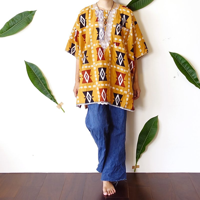 BajuTua /古着/ 咖啡豆图案 非洲传统蜡染上衣 Dashiki - 男装上衣/T 恤 - 棉．麻 橘色