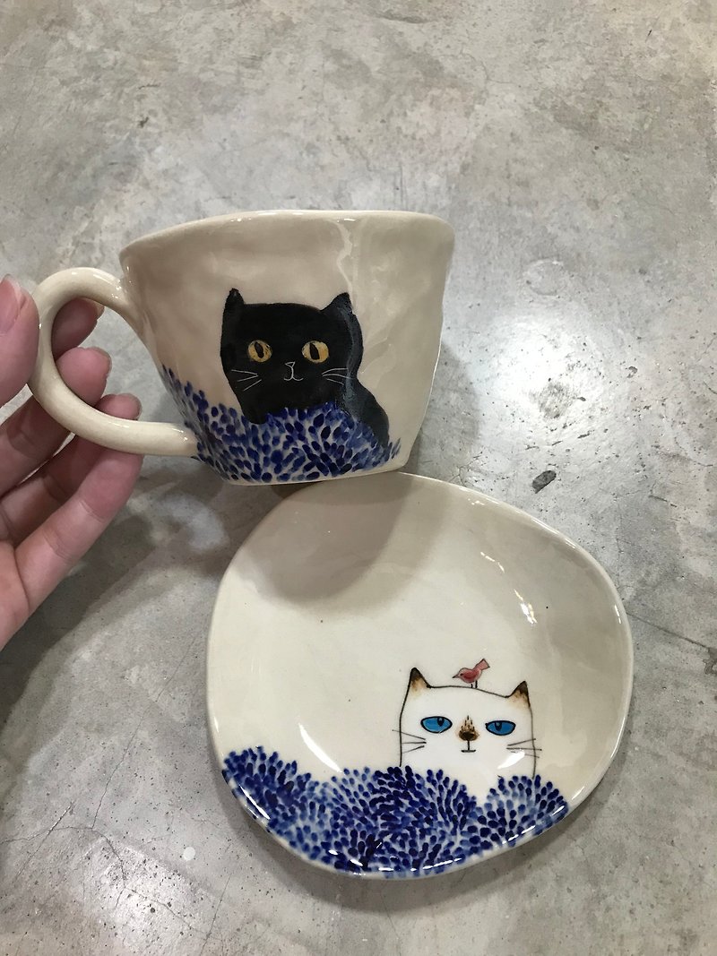 Handmade Thai cat coffee cup set / Siamese cat with black cat - 咖啡壶/周边 - 陶 咖啡色