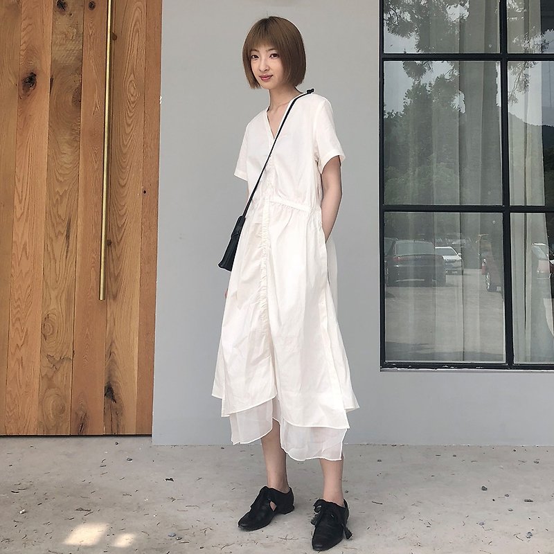 日系不规则拼接连衣裙-白色|连衣裙|棉|独立品牌|Sora-154 - 洋装/连衣裙 - 棉．麻 白色