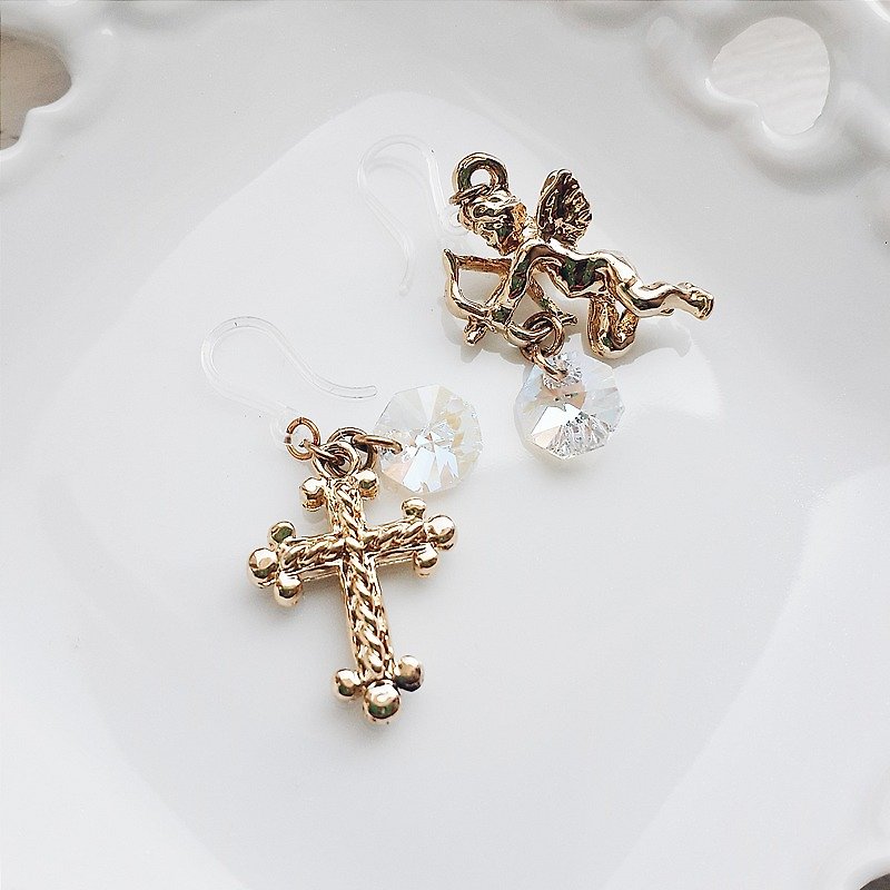 耳环 爱神小天使 十字架  可改夹式 - 耳环/耳夹 - 其他材质 金色