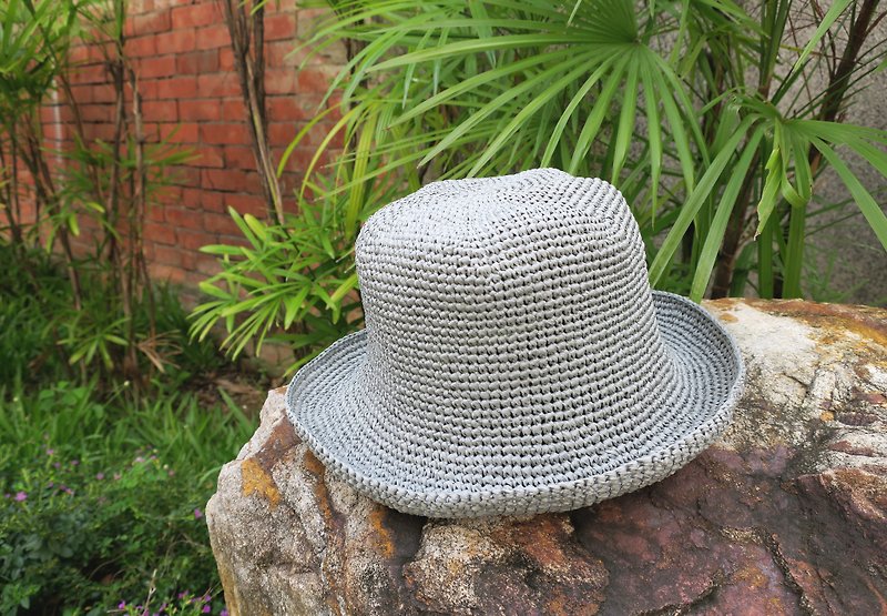 手工编织帽-夏日拉斐草帽/方形渔夫帽/简约灰/礼物 - 帽子 - 纸 灰色