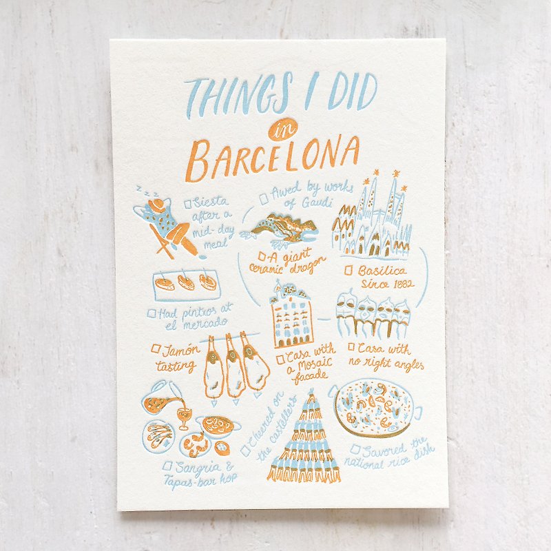 Things I Did in Barcelona Letterpress Postcard - 卡片/明信片 - 纸 