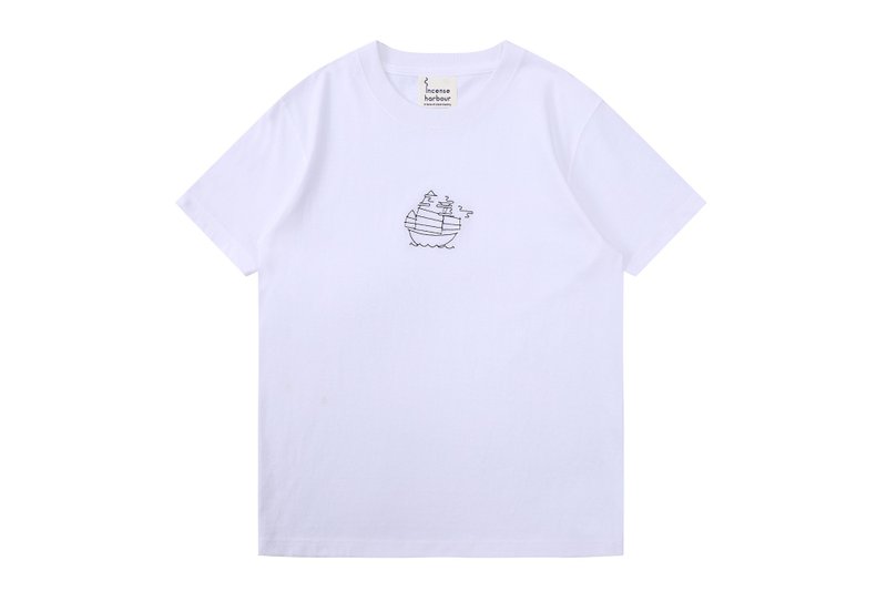 Incense Harbour 美国纯棉 渔船图案 无缝白T-shirt T恤 - 中性连帽卫衣/T 恤 - 棉．麻 白色