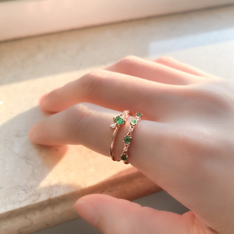 / 結緣 / 2件套裝 祖母綠 Emerald 925純銀 手工天然石 戒指 - 戒指 - 纯银 绿色