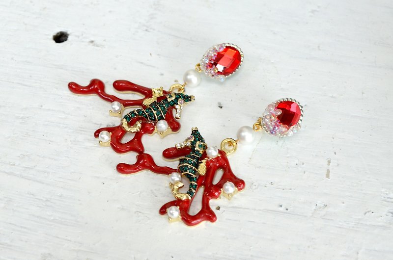 仿红珊瑚金属海马耳环 珍珠气泡海洋世界 - 耳环/耳夹 - 其他金属 红色