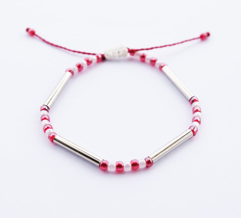 White red seed beads silver tube string bracelet - 手链/手环 - 其他材质 红色