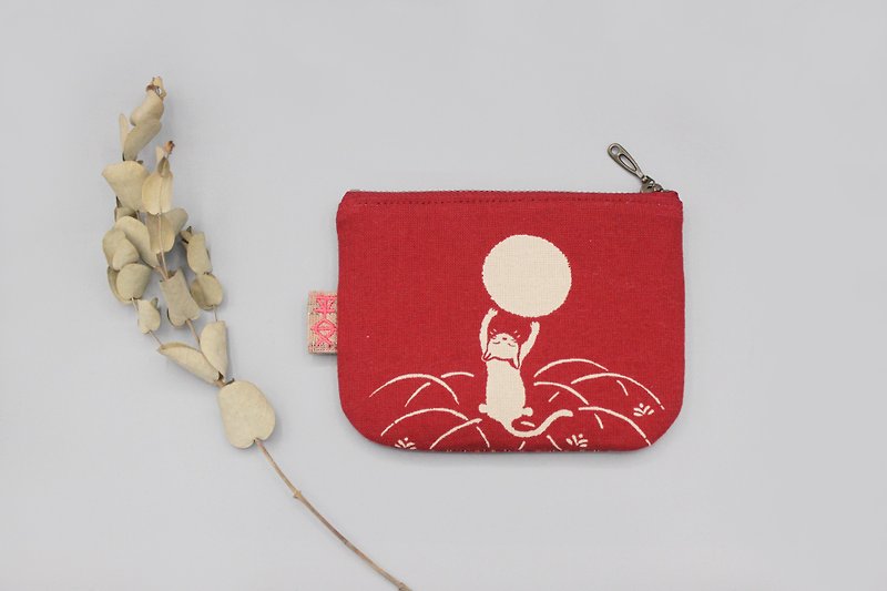平安小乐钱包 -猫咪戏月,红色款(日本古布),双面双色布 - 皮夹/钱包 - 棉．麻 红色