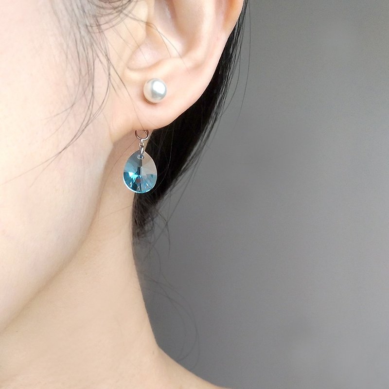 e052-清澈/珍珠-施华洛世奇蓝水晶珍珠 针式夹式 耳环 - 耳环/耳夹 - 其他金属 蓝色