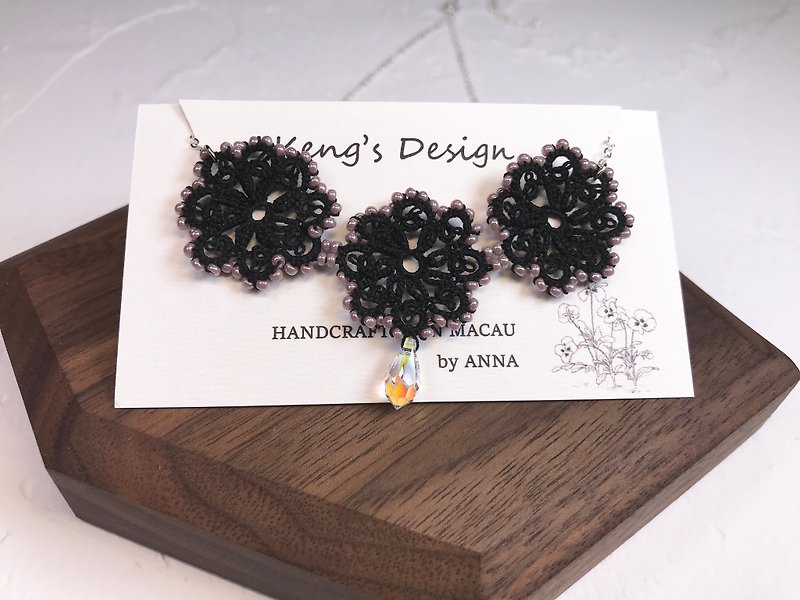 手织蕾丝水晶项链 (黑色) / 礼物 / Swarovski水晶 / 定制化 - 项链 - 棉．麻 黑色