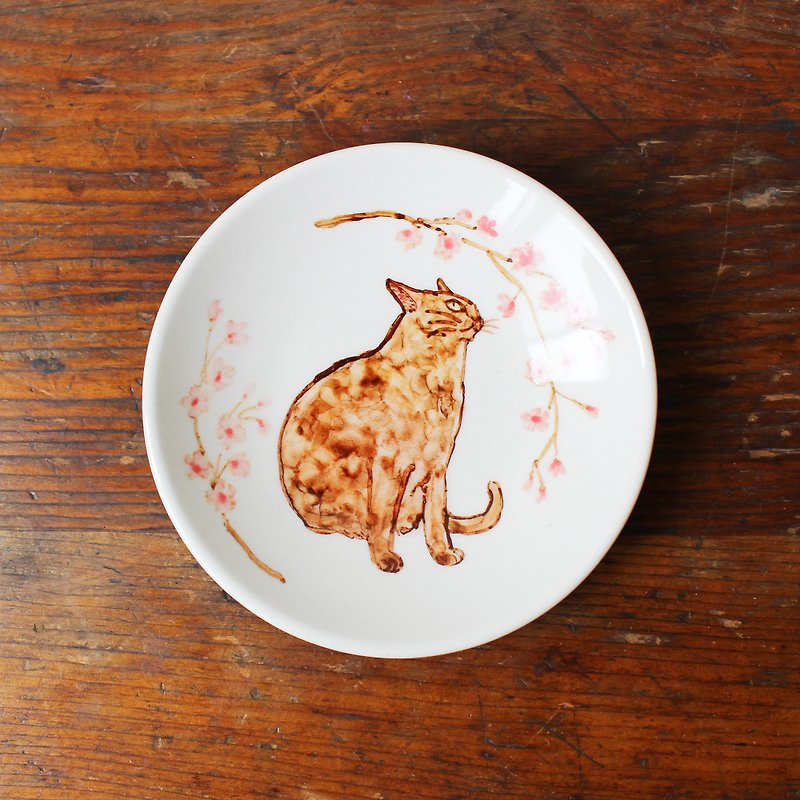 樱花和玳瑁猫 小皿 - 浅碟/小碟子 - 陶 粉红色